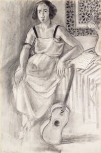 Nainen istuu kitaran kanssa, noin 1921-23 (hiili paperille). tekijältä Henri Matisse