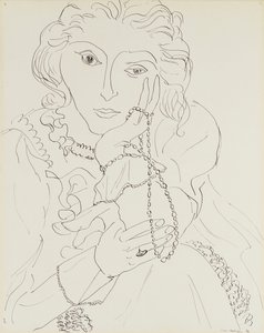 Nainen, jolla on röyhelöinen paita ja helmi kaulakoru tekijältä Henri Matisse