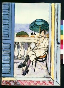 Nainen vihreän aurinkovarjon kanssa parvekkeella tekijältä Henri Matisse