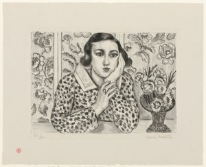 Nuori tyttö nojailee kukkivalla kuvaruudulla tekijältä Henri Matisse