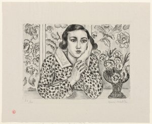 Kukkakuvioiseen sermiinsä nojaava nuori tyttö tekijältä Henri Matisse
