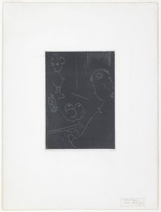 Nuori nainen sisätilassa hedelmien ja veistosten keskellä tekijältä Henri Matisse