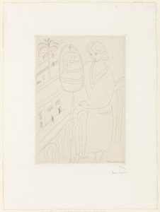 Nuori nainen parvekkeella katselemassa papukaijoja tekijältä Henri Matisse