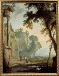 Maisema koostuu: nainen, vanha mies ja lapsi roomalaisten raunioiden maisemassa lampineen. Henri Mauperchen (1602-1688) maalaus