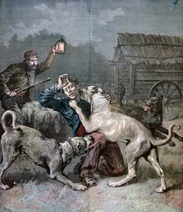 Kolmen suuren koiran kimppuun hyökännyt rikollinen, 1891 tekijältä Henri Meyer