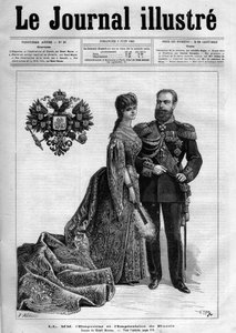 Venäjän keisari Aleksanteri III (1845-1894) ja Tanskan impress Dagmar (1847-1928) - Vuoden 1883 "Kuvallisen päiväkirjan" kansilehti - Henri Meyerin (1844-1899) piirustus tekijältä Henri Meyer