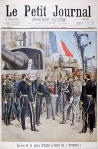 Kuningas Italian kuningatar ranskalaisella taistelulaivalla Brennus, 1899 tekijältä Henri Meyer