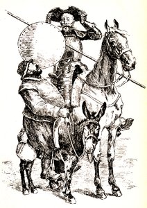 Don Quijote hevosensa selässä, vieressä Sancho aasinsa selässä...