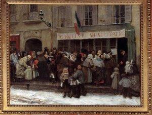 Kunnallinen ruokala Pariisin piirityksen aikana vuonna 1870 Pariisilaiset kuhisevat kunnallisen ruokalan edessä preussilaisten piirittämän kaupungin aikana. Henri Pillen (1844-1897) maalaus