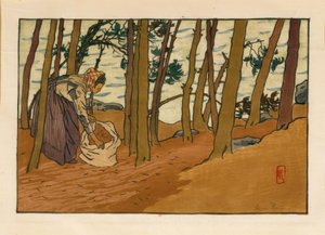 Nainen kerää männyn neuloja (Bords du Trieux, Loguivy) tekijältä Henri Rivière