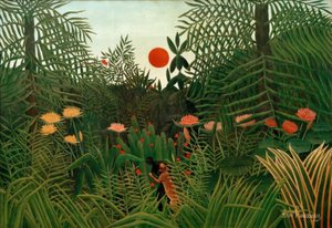 Neitsytmetsä auringonlaskun aikaan. Leopa hyökkäsi mustiin tekijältä Henri Rousseau