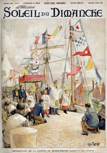 Henry Rudaux Newfoundlandin laivaston siunaus. Kaiverrus kirjassa "" The Sun-Sunday", 19. maaliskuuta tekijältä Henri Rudaux