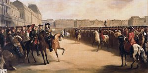 Venäjän tsaari Pietari I Suuri (1672-1725) yhdessä valtionhoitaja Filip II:n Orléansin herttua (1674-1723) kanssa hänen Ranskan-vierailullaan tarkastelee ratsastettuja joukkoja Tuileries