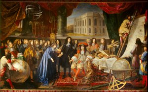 Colbert esittelee Kuninkaallisen tiedeakatemian jäsenet Louis XIV:lle vuonna 1667 (öljy kankaalle)