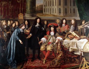 Jean-Baptiste Colbert esittelee kuninkaallisen tiedeakatemian jäseniä Ludvig XIV:lle, yksityiskohta, noin 1667 (öljy kankaalle).
