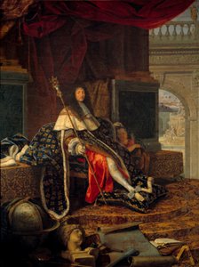 Ludvig XIV:n (1638 - 1715), Ranskan kuninkaan, kuninkaallisen maalaus- ja kuvanveistoakatemian suojelijan muotokuva Kaarle V dit de Charlemagnen valtikka. Henri Testelinin (1616-1695) maalaus