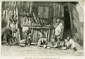 Abessiinisepät. Thiriatin kaiverrus valokuvan jälkeen havainnollistamaan tarinaa Voyage au Choa (Abyssinie meridionale) tekijältä Henri Thiriat