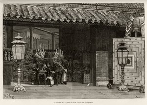 Kuningas Dong Khanh (1864-1889) Annamin keisari, koti keisarillisessa Huen kaupungissa (Vietnam). Thiriatin kaiverrus havainnollistamaan tohtori Charles Edouard Hocquardin (1853-1911) tarinaa "" Trente mois au Tonkin"" vuonna 1885 julkaisussa Le tour du mo