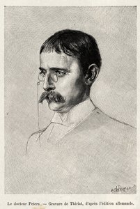 Tohtori Carl Petersin (1856-1918) saksalaisen tutkimusmatkailijan muotokuva. Thiriatin kaiverrus havainnollistamaan tohtori Petersin (1856-1918) tarinaa "Au secours d