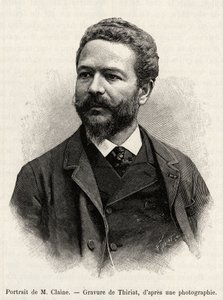 Muotokuva Jules Clainesta (1856-1939), tutkimusmatkailija ja diplomaatti, tarinan kirjoittaja. Thiriatin kaiverrus havainnollistamaan tarinaa "" yksi vuosi Malesiassa"", kirjoittanut Jules Claine (1856-1939)