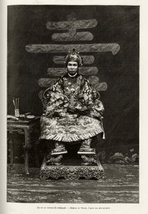 Kuningas Dong Khanhin (1864-1889) muotokuva Annamin keisarista seremoniapuvussa. Thiriatin kaiverrus havainnollistamaan tohtori Charles Edouard Hocquardin (1853-1911) tarinaa "" Trente mois au Tonkin"" vuonna 1885 Le tour du mondessa, nouveau journal des v
