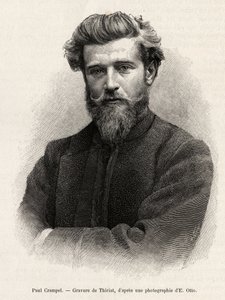 Ranskalaisen Keski-Afrikan tutkimusmatkailijan Paul Crampelin (1864-1891) muotokuva. Henri Thiriatin kaiverrus havainnollistamaan Albert Neboutin (1862-1939) tarinaa "La mission Crampel", vuonna 1890, Le tour du Mondessa 1892, ohjaaja Edouard Charton (1807