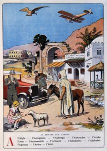 Kirjain "A", julkaisusta "Mon Alphabet en Images", n. 1920-1930 (värilitho)