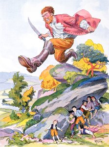 Ogre metsästämässä Tom Thumbia ja hänen veljiään, kuvitus Perraultin sadulle "Tom Thumb" ("Le Petit Poucet"), 1900-luvun alku (värilitho)