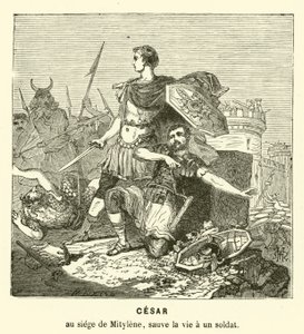 Julius Caesar pelasti sotilaan hengen Mytilenen piirityksessä, Lesbos, Kreikka, 81 eKr. (kaiverrus)