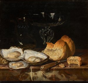 Asetelma ostereiden, leivän ja venetsialaisen viinilasin kera, 1661. tekijältä Henri de Fromantiou