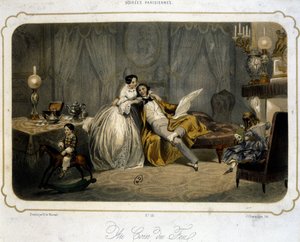 Porvarillinen perhe lepää olohuoneessa - litografia, v.1820.