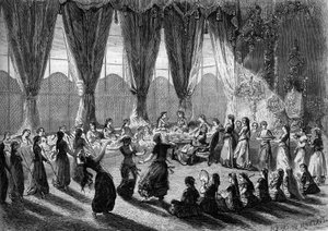 Egyptin varakuningatar vastaanotti eurooppalaisia naisia Kairon serailissa. Palvelijat tuovat astiat, kun taas muusikot ja tanssijat esittävät esityksen. 1800-luvulla. Henri de Montaut