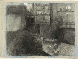 Rue de Rome -kahvilan baari, n. 1886 (hiili ja valkoinen liitu sinisellä kudospaperilla)