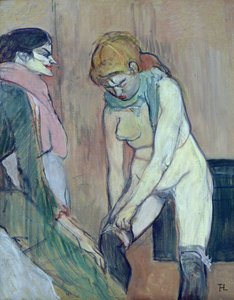Sukkahousuja pukeva nainen, n. 1894 (öljy kortille) tekijältä Henri de Toulouse Lautrec
