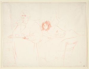 Nainen tarjottimen kanssa, Aamiainen, Madame Baron ja Mademoiselle Popo (Nainen tarjottimella, Aamiainen, Madame Baron ja Mademoiselle Popo), sarjasta Elles tekijältä Henri de Toulouse Lautrec