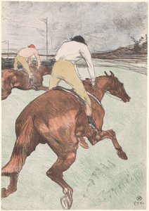 "Le Jockey" Kaksi ratsastajaa hevosen selässä Le jockey (alkuperäinen nimi) Hevoskilpailut (sarjan nimi) Kurssit (sarjan nimi) tekijältä Henri de Toulouse Lautrec