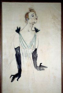 Laulaja Yvette Guilbertin muotokuva (1867-1944) Hiilipiirros Henri de Toulouse Lautrecin (1864-1901) olemuksella 1894. Koko 1,86 x 0,93 m Albi, museo Toulouse Lautrec tekijältä Henri de Toulouse Lautrec