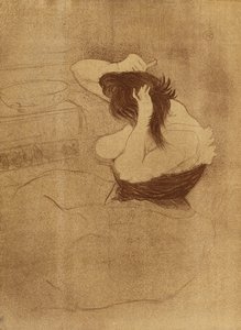 Nainen kampaava hiuksia - La Coiffure, levy VII, Elles; Nainen kampaava hiuksia - kampaus, levy VII, Elles, 1896 tekijältä Henri de Toulouse Lautrec