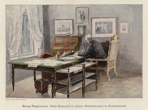 Otto von Bismarck työhuoneessaan Friedrichsruhissa, Saksassa (värillinen kaiverrus) tekijältä Henriette Deppermann