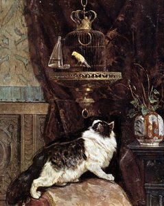 Kissa vakoilee lintua häkissä - Henriette Ronner tekijältä Henriëtte Ronner Knip