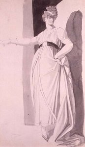 Nuori nainen hienostuneella kankaalla seisoo oikea käsi ojennettuna (kynä & pesu) tekijältä Johann Heinrich Füssli