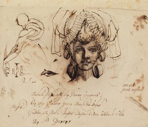 Rouva Fuseli yllään taidokas päähine ja tutkii silmää, suuta ja vartaloa (kynä ja muste) tekijältä Johann Heinrich Füssli