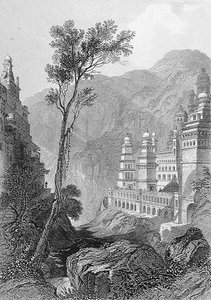 Jain Temples, Muktagerri, kaiverrus Finden, "World Religion" -julkaisusta, julkaisija A. Fullarton & Co. (kaiverrus)