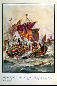 Alfredin keittiöt hyökkäämässä Viking Dragon -aluksia vastaan, 897 jKr, kuvitus teoksesta "Hutchison