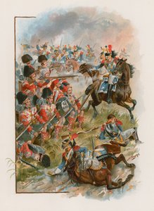 42. Highlandersin aukio, jolle ranskalaiset cuirassiers ryöstivät Quatre Brasissa, 16. kesäkuuta 1815 (chromolitho) tekijältä Henry A. Payne