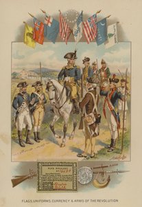Amerikan vallankumouksen (chromolitho) liput, univormut, valuutta ja aseet