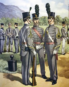 West Pointin sotaakatemian kadettien univormut 1902-07 (väri litho)
