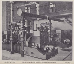 Moottori- ja dynamohuoneen sisätilat, Electric Light Works, Canterbury, Kent (b/w kuva) tekijältä Henry Beauchamp Collis