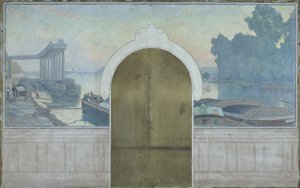 Asnièresin kaupungintalon vihkisalin luonnos: Maisema. Proomuja Seinen varrella, Asnièresin silta, noin 1900 (öljy kankaalle). tekijältä Henry Bouvet