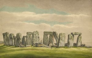 Stonehenge pohjoisesta, näyttää rauniot miehen ja koiran kanssa, 1824-1839 tekijältä Henry Browne